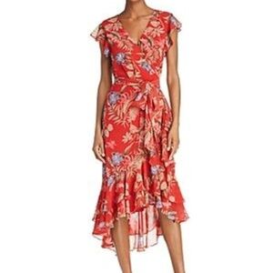 WAYF Clara Wrap Dress Botanical Red Print Floral High Low Ruffle Hem Size Medium